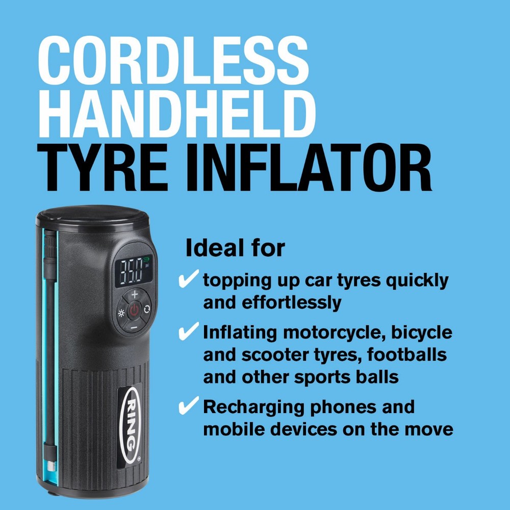 Ring Cordless Handheld Rechargeable Car Tyre Inflator Air Compressor RTC2000