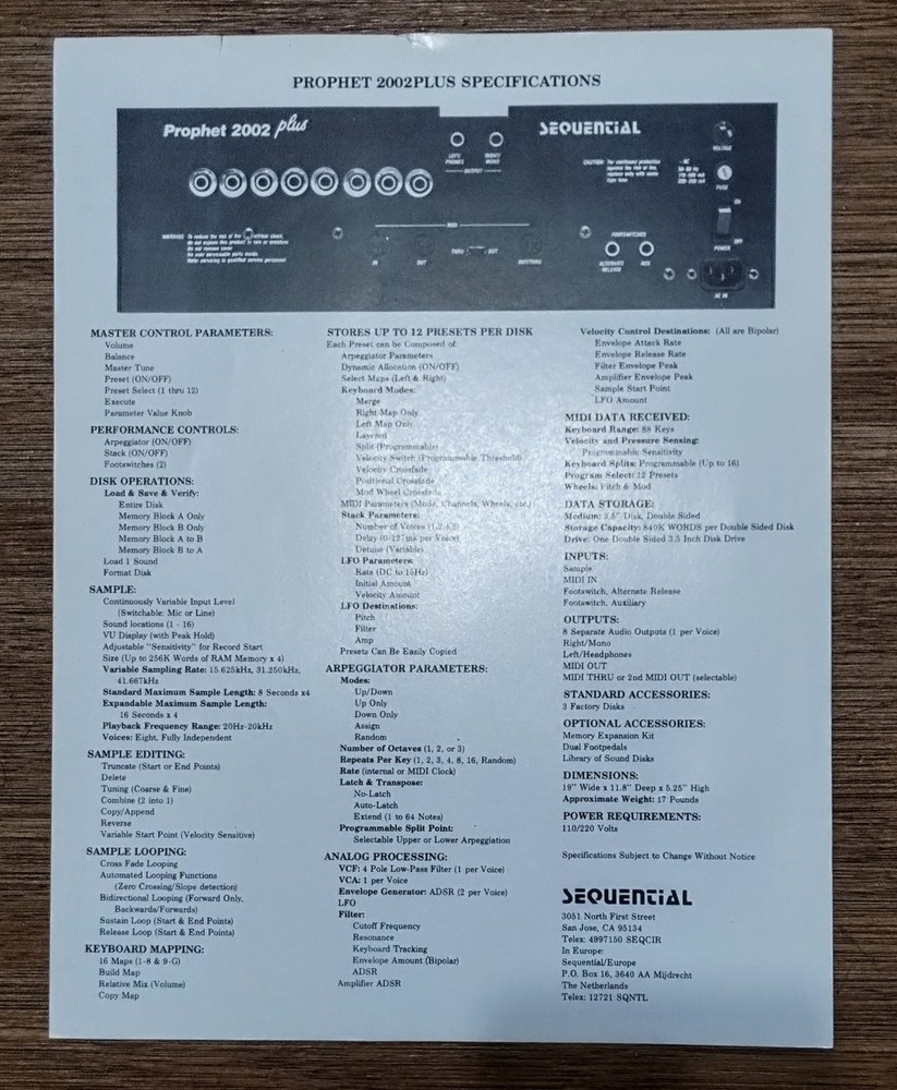 *RARE *ORIG Sequential PROPHET 2002 12bit ANALOG FILTER SAMPLER Brochure Catalog