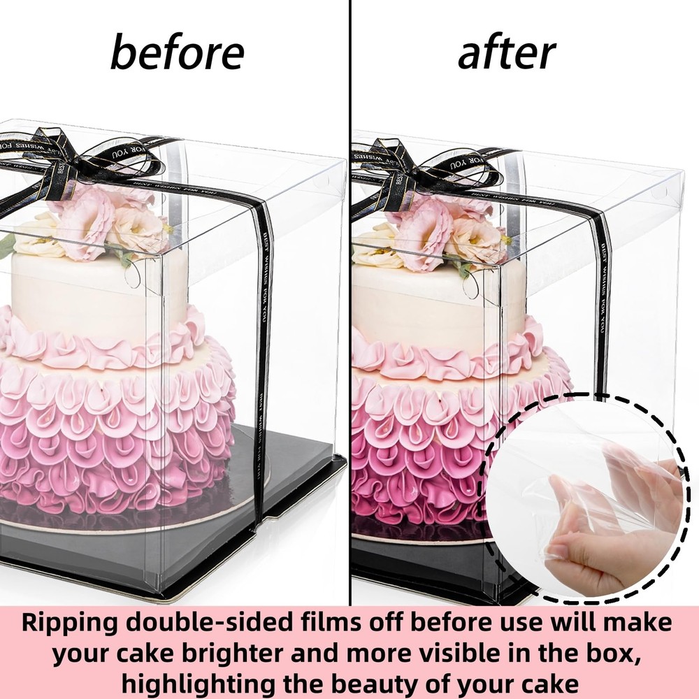 6 Pack Clear Cake Box with Ribbon 2-Layer Tall Carrier Packaging Boxes 10x10x9