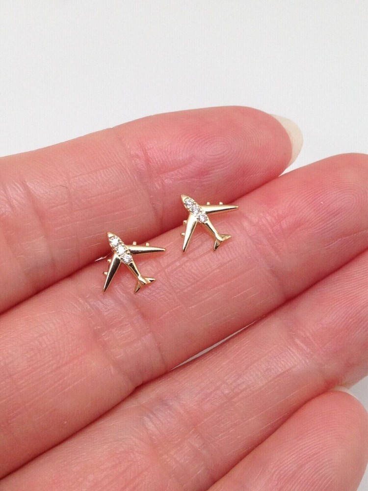 925 Sterling Silver CZ Gold Airplane Stud Earrings Tiny Dainty Studs 8x9mm