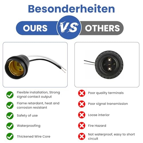 5Pcs Fully Sealed Waterproof Pigtail Lamp Socket | E26/E27 Black Base E27, 5Pcs