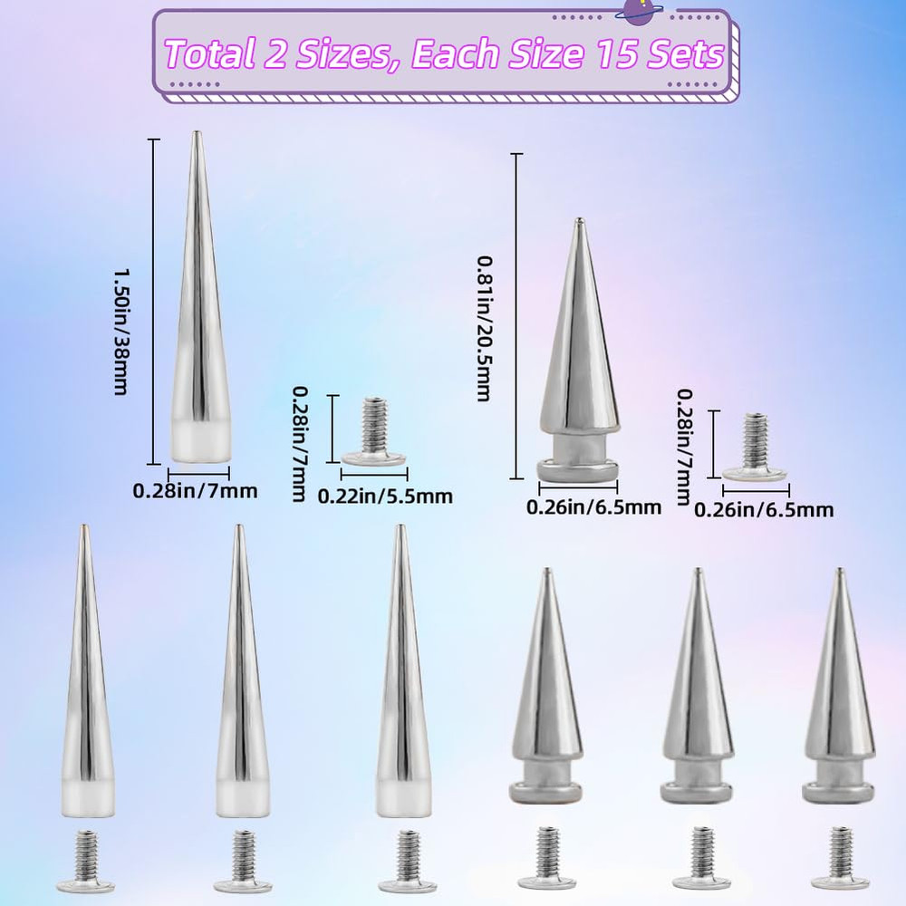 1 Box 40MM 20MM Spike Studs Cone Spikes Large Screwback Studs Silver Cone Punk L