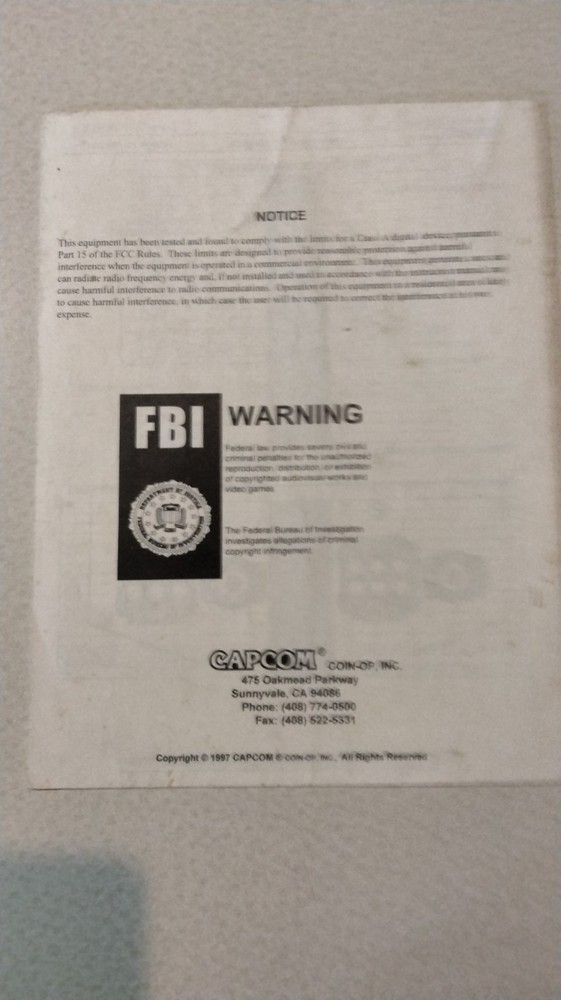 Marvel VS. Capcom Clash Super Heroes Operators Manual Arcade Original