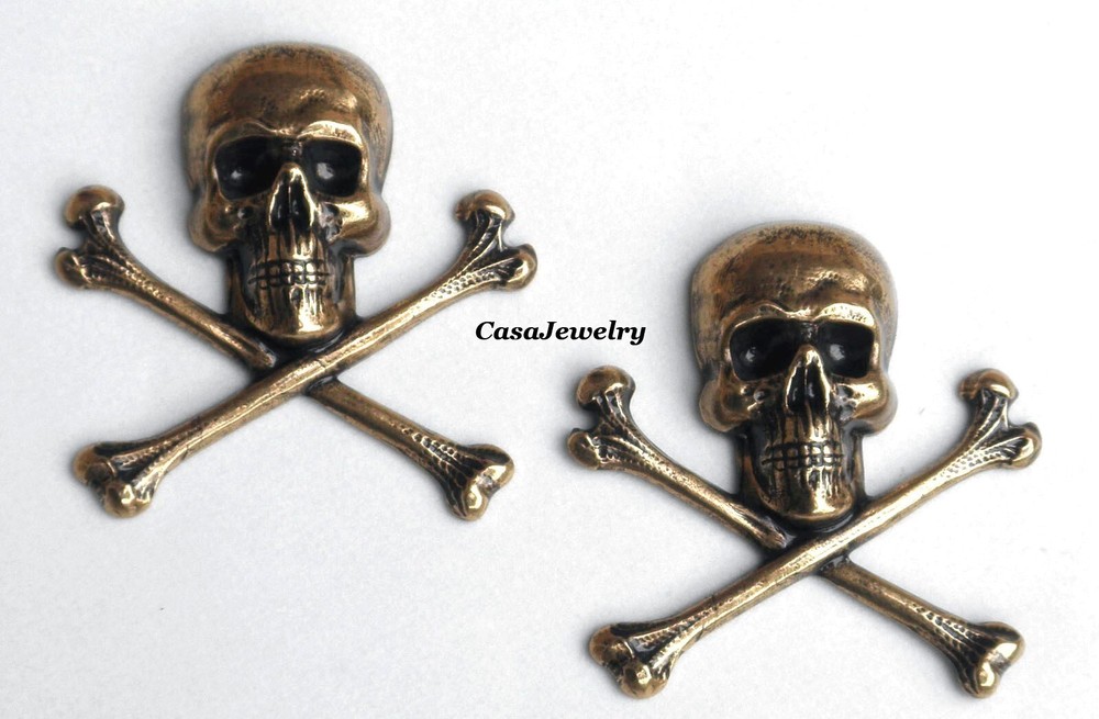 #2076 MEDIUM ANTIQUED GOLD SKULL & CROSS BONES - 2 Pc Lot