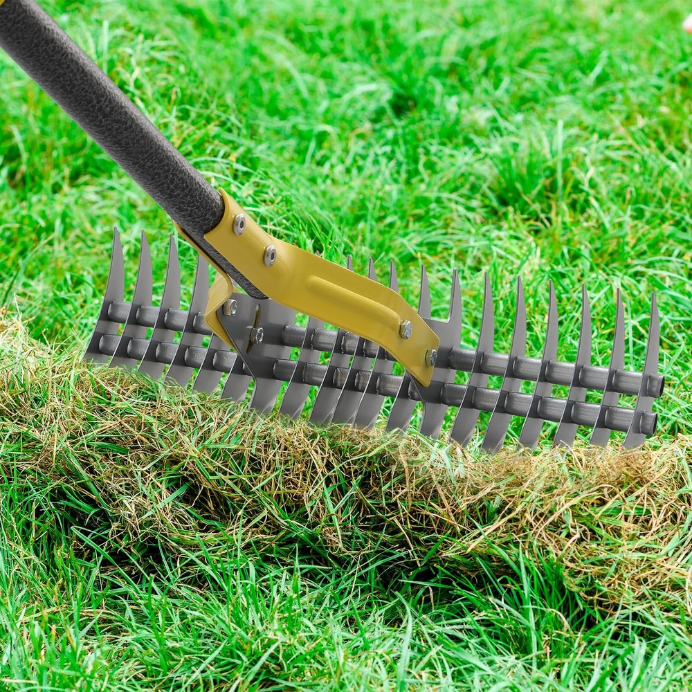 Thatch Rake, 51" Heavy Duty Metal Dethatcher Rake with 15" Wide Double-Edged ...