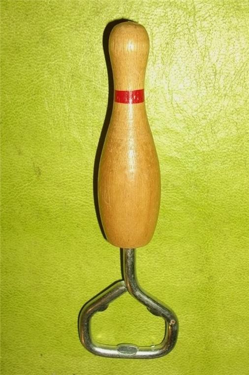 Vintage Figural Novelty Bottle Opener Turned Solid Wood Bowling Pin w Red Stripe