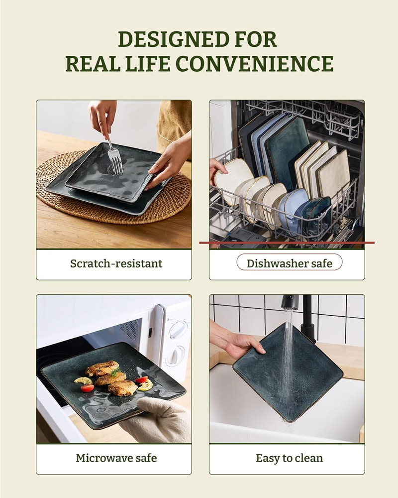 Dinnerware Sets for 4, Ocean Square 12-Piece Kitchen Plates and Bowls Sets, Reac