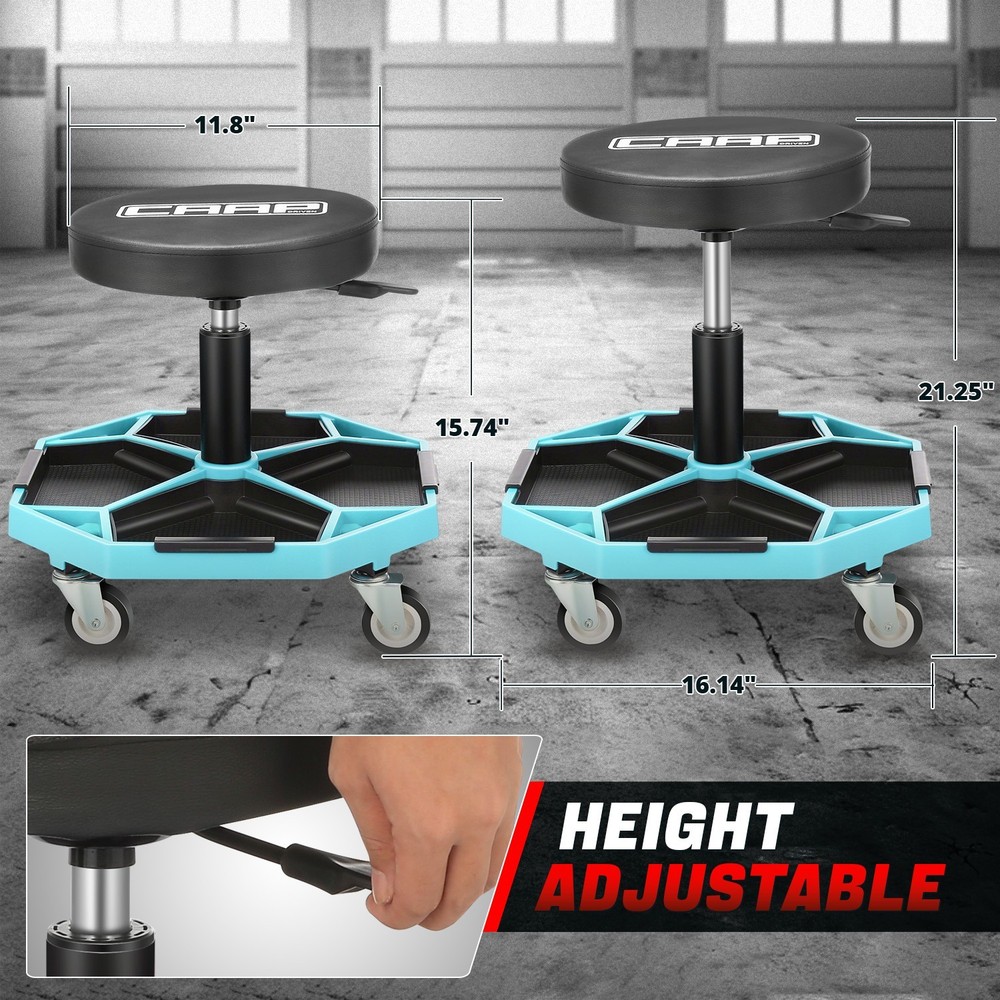 15"-21" Adjustable Rolling Seat Tool Creeper Chair Garage Storage Stool Sky Blue