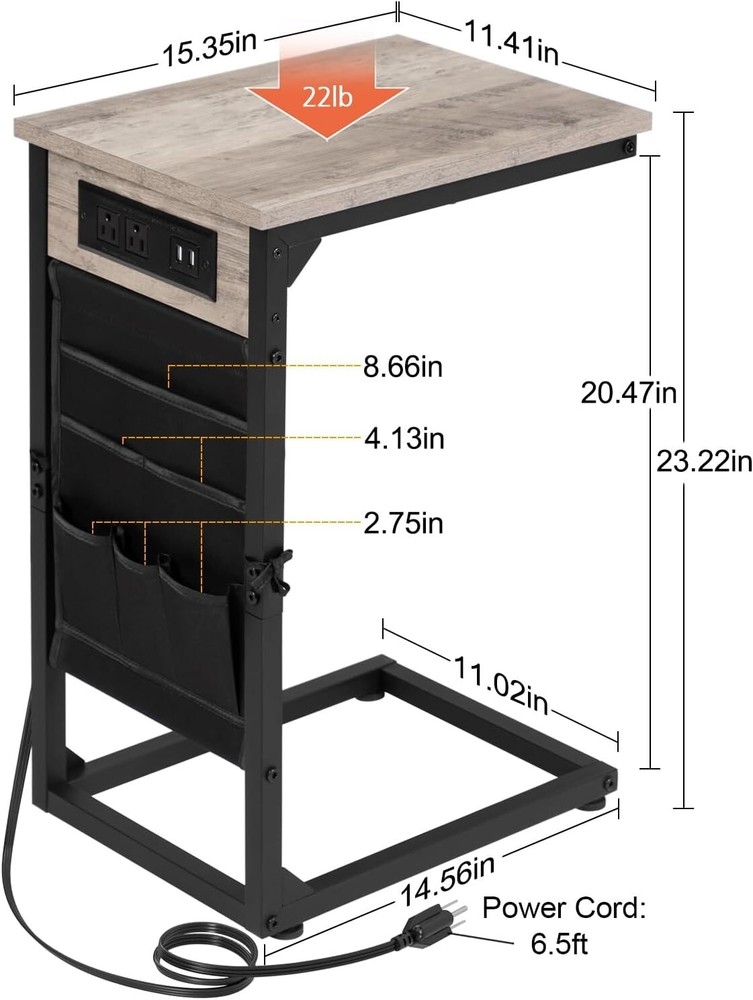 Tech-Savvy C-Shaped End Tables Set with Charging Station & Storage Pockets