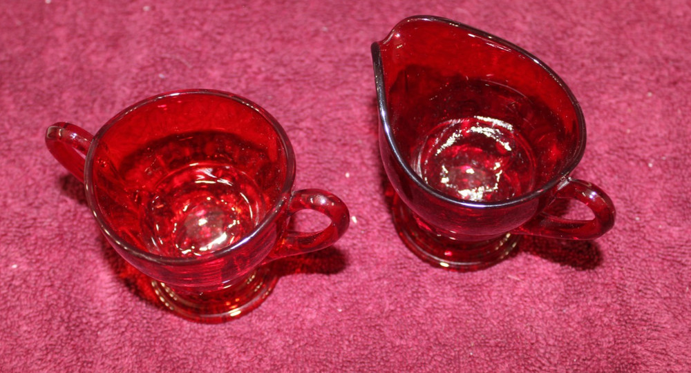 Vtg. Martinsville Moondrops Ruby Red Mini Open Sugar Bowl & Creamer