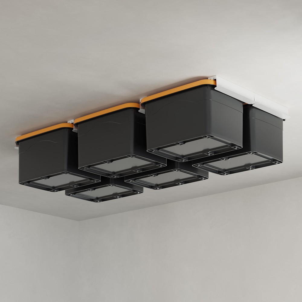 Connectable Overhead Garage Storage System Holds 6 Bins on Metal Ceiling Rails