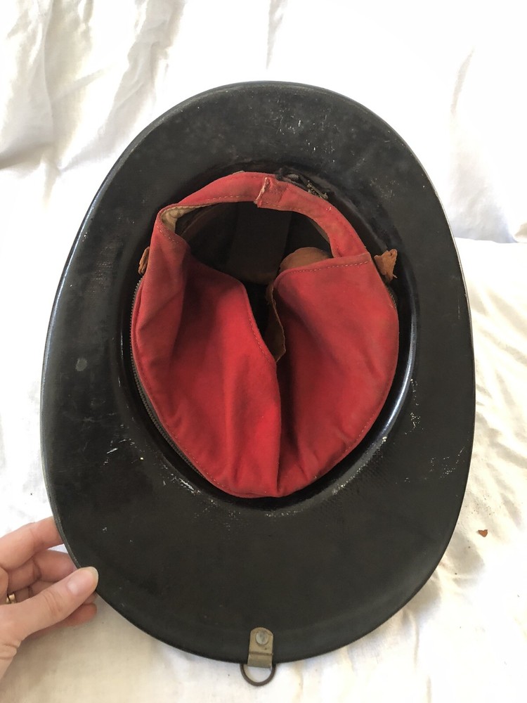 VINTAGE BLACK PLASTIC FIRE HELMET ~ MHC #2 LEATHET FRONT