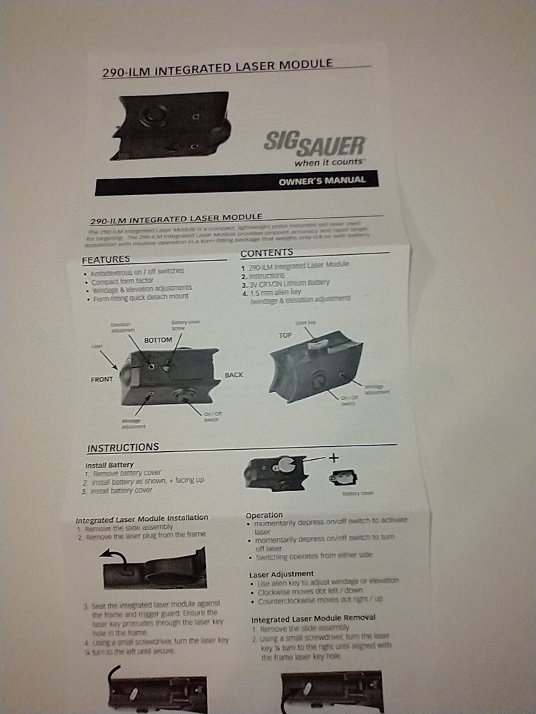 Sig Sauer 290-ILM Integrated Laser Module Owners Manual good used condition