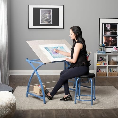 SD STUDIO DESIGNS CRAFT TABLE | ANGLE ADJUSTABLE TOP, STOOL - BLUE/GRAY
