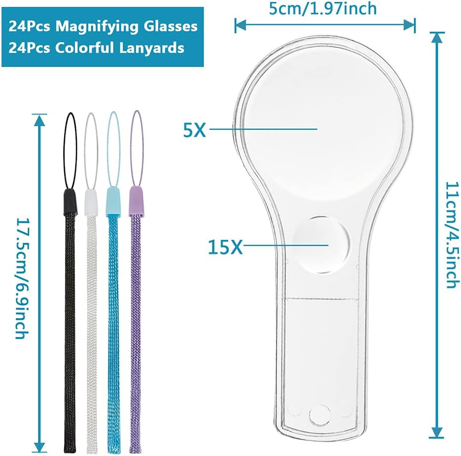 24 Pack Plastic Magnifier, Mini Magnifying Glass 5X and 15X Handheld Reading for