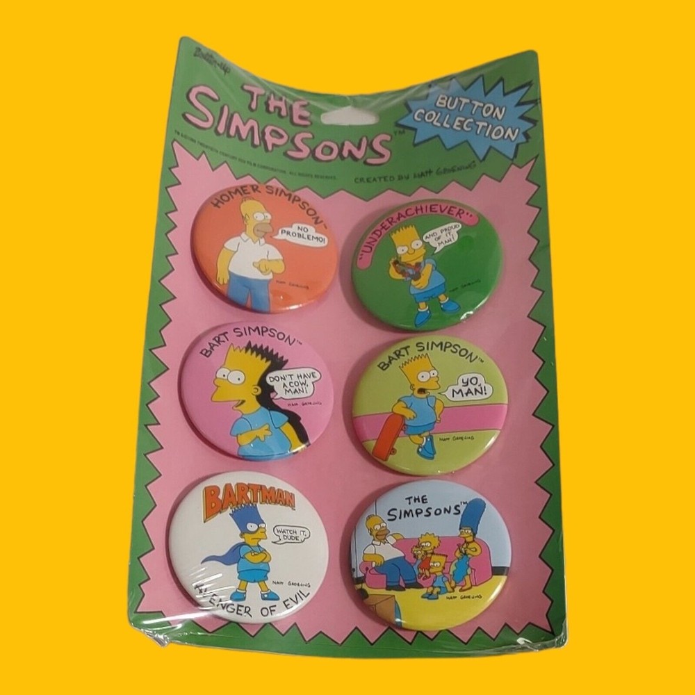 SIMPSONS 6 BUTTON PIN SET 1990 HOMER BART NEW SEALED VINTAGE Read Description