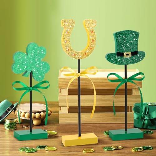 3 Pieces St. Patrick's Day Table Decorations Wooden Set, Irish Patrick Shiny
