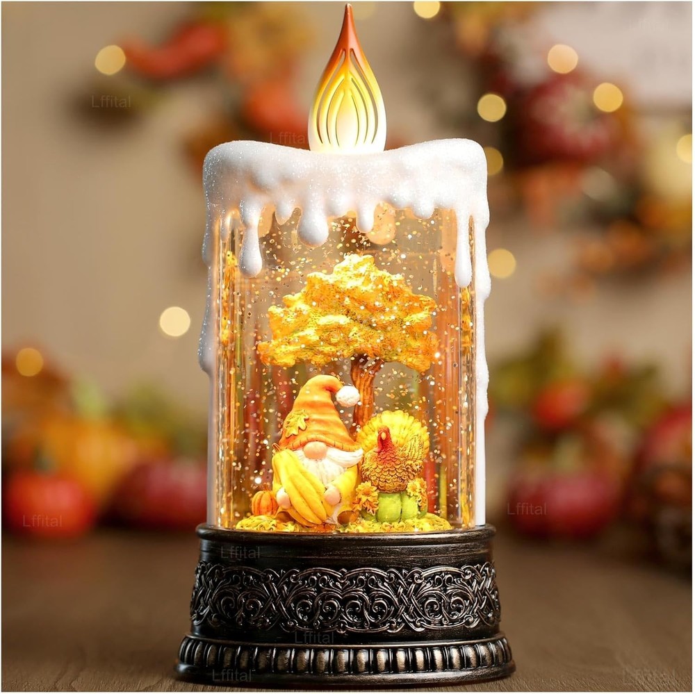 Fall Snow Globe Lantern Fall Decor Candle Shape with Gnome and Turkey, Lighte...