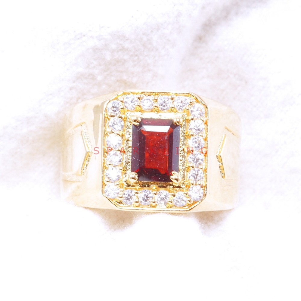 Garnet Emerald Cut With 14K Solid   Gold  Ring For Men's #E522