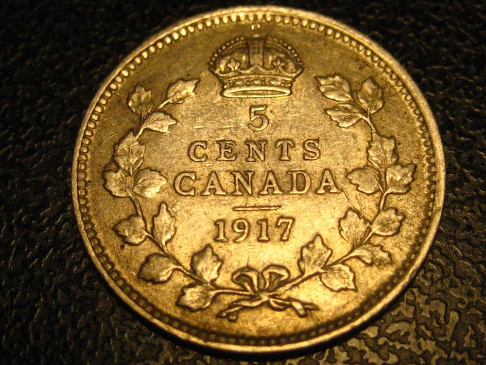 1917 Canadian Five Cent 92% Silver Piece AU