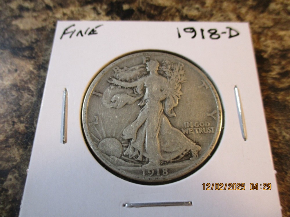 1918-D WALKING LIBERTY SILVER HALF DOLLAR FINE     10