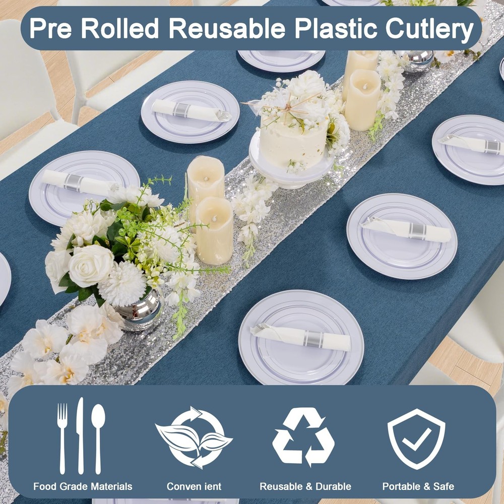 EI 60Pack Pre Rolled Silver Plastic Silverware Disposable Rolled Cutlery with...