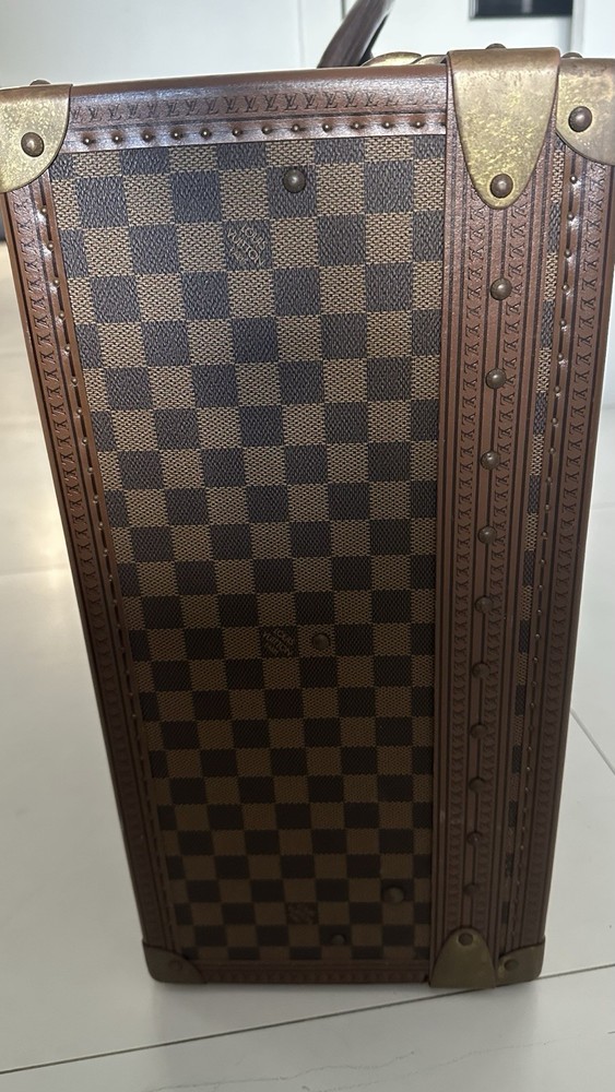 Louis Vuitton Checkered Lockable Trunk Brass Hardware Leather Canvas Brown Beige