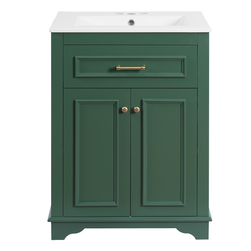 24" Bathroom Vanity with Ceramic Sink, 2 Doors & Tip-Out Tray, Green Small Space