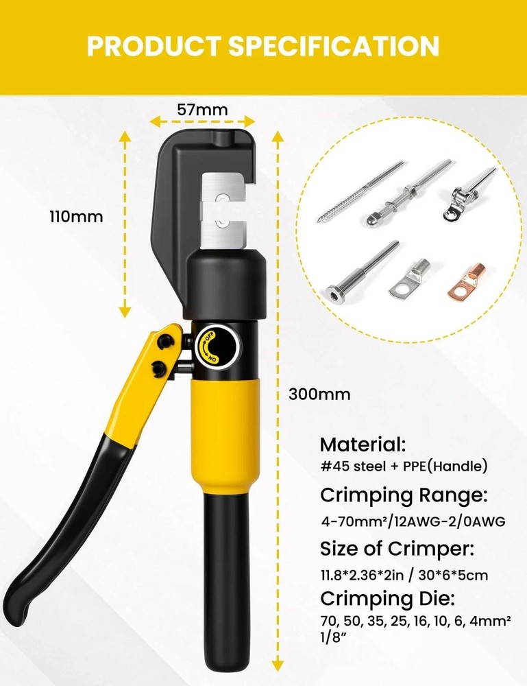 10 Tons Hydraulic Crimping Tool Battery Cable Lug Terminal Crimper wit...