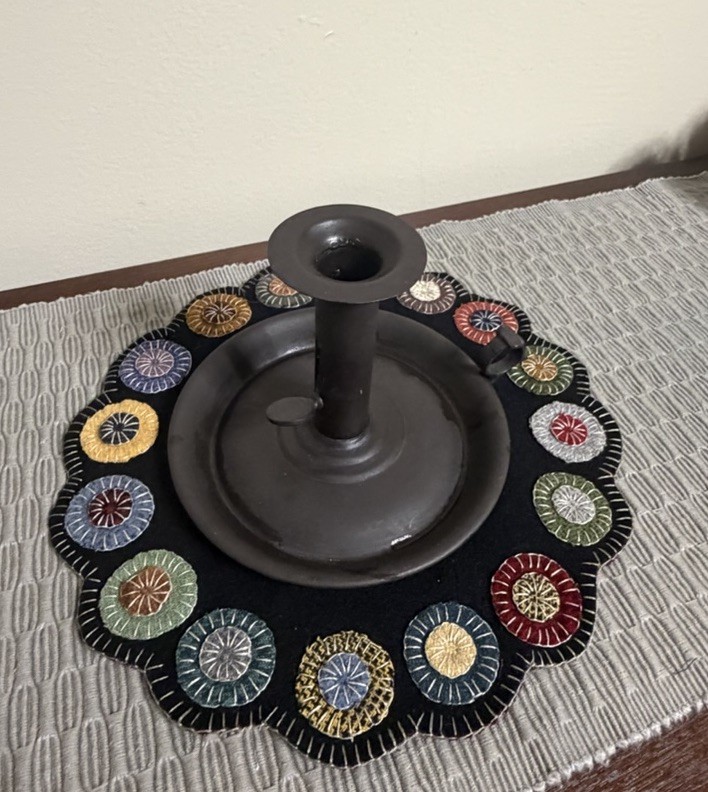 Hand Stitched Primitive Wool Penny Candle Mat 11”