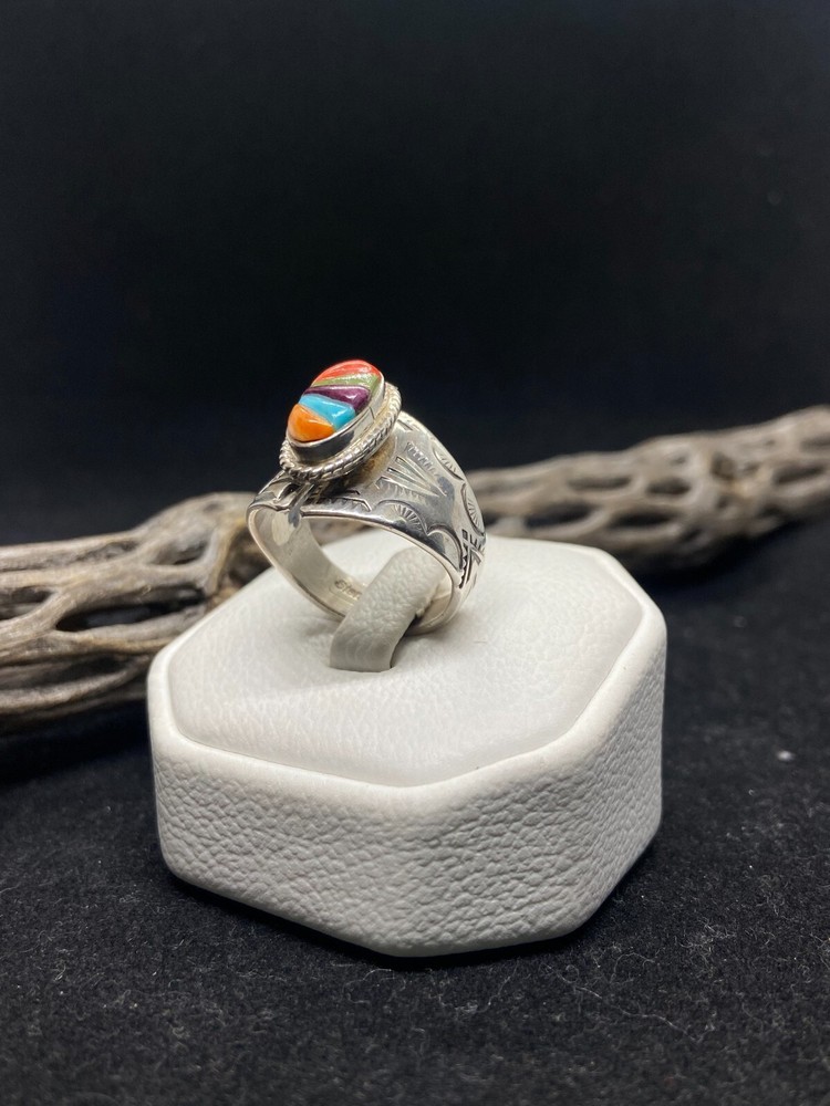 Navajo inlay multicolor / multi stone Sterling Silver adjustable Ring Size 8.5