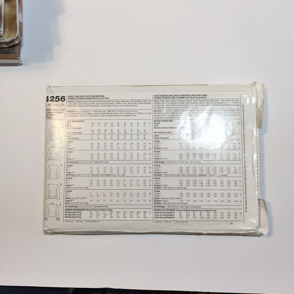 Simplicity 4256 Size Size 14-22 Misses' Lined Jackets