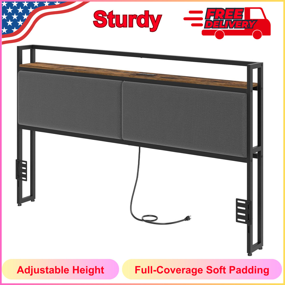 King Size Headboard Only, Upholstered King Headboard w Charging Station, Rustic