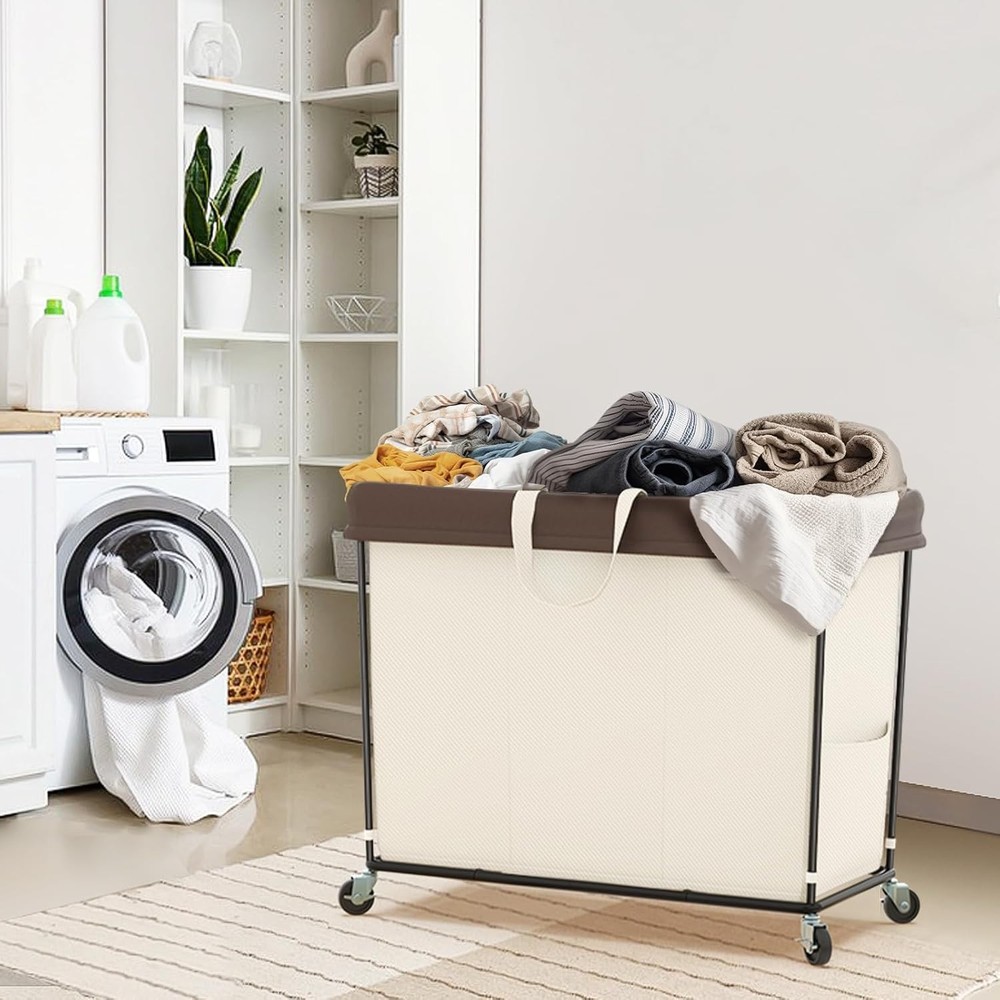 320L Laundry Hamper W/ Wheels 3 Section Large Rolling Laundry Basket Bag