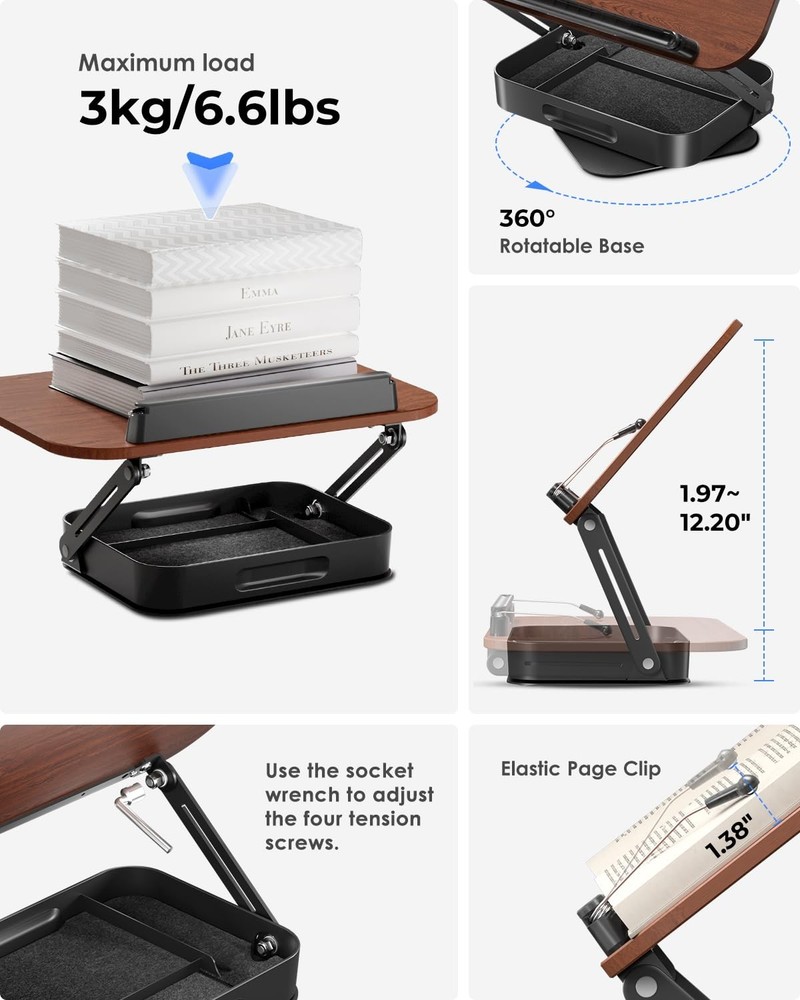 Book Stand for Reading Book Holder with Storage and 360° Rotating Base Adjust...