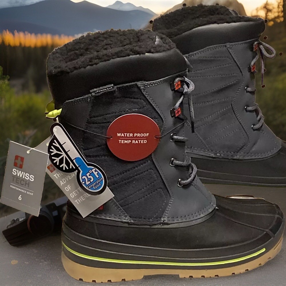 Swiss Tech Thinsulate ~ Waterproof Winter Boots Leather Kids Size 6  Blk ~ NWT