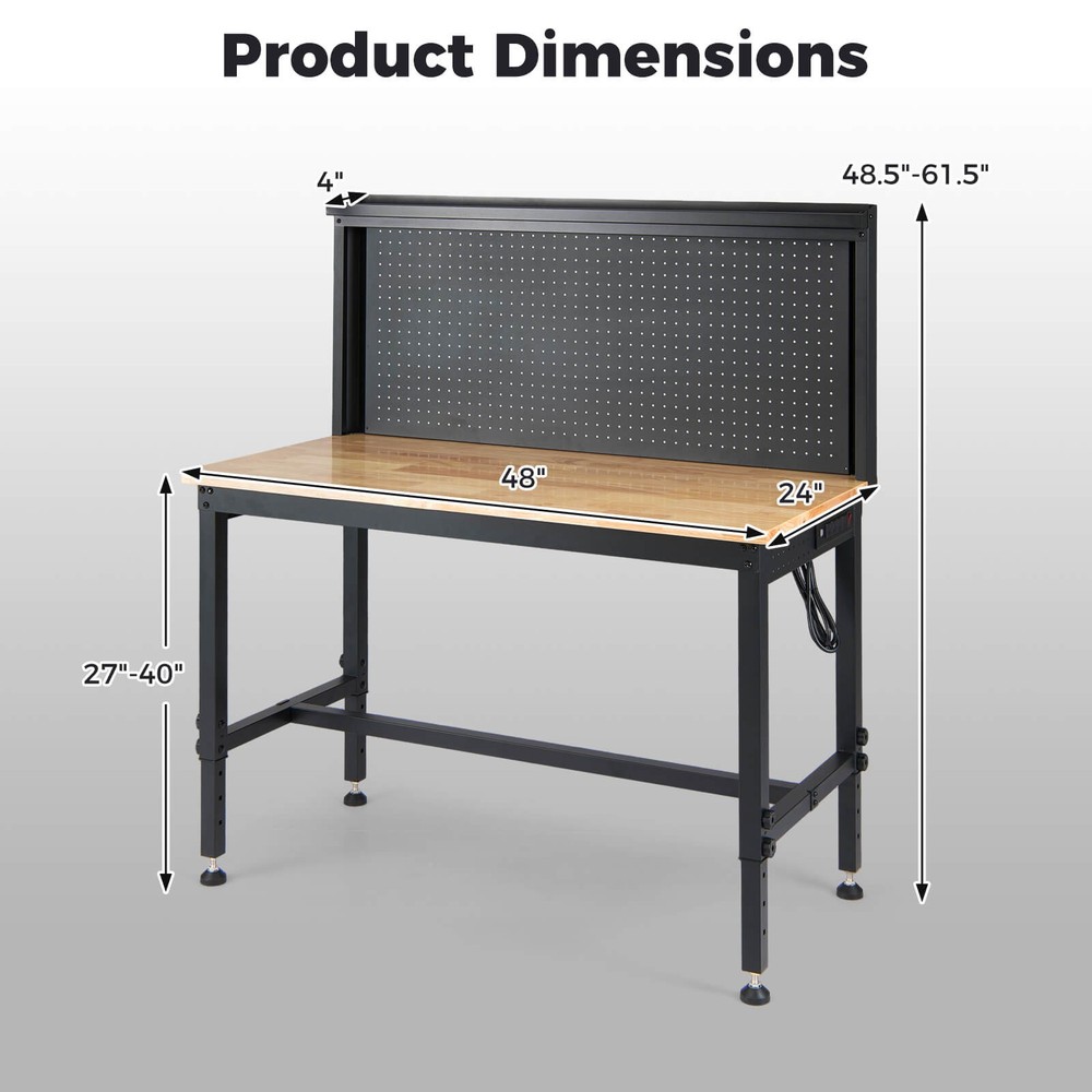 Heavy Duty Workbench with AC/USB Outlets and Pegboard, Max Load 2000 LBS