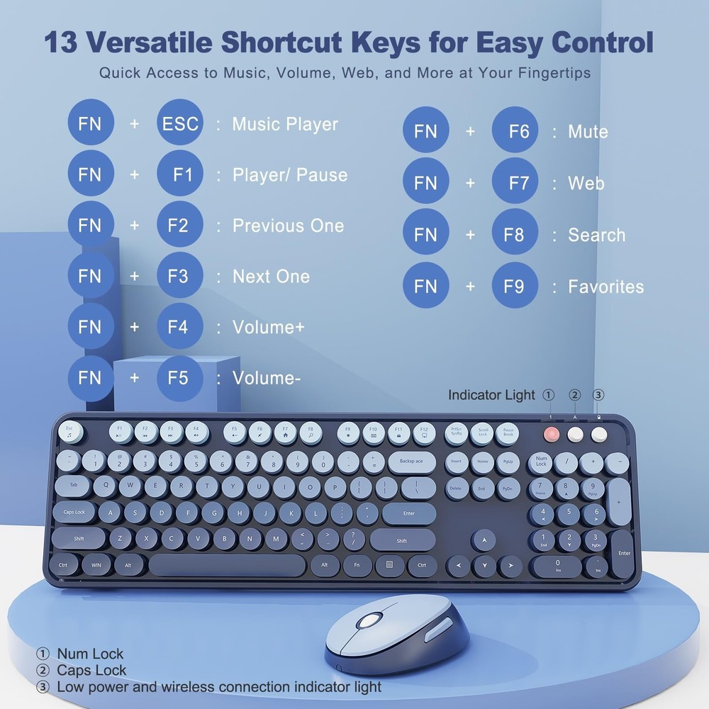 Wireless Keyboard and Mouse Combo, Retro Typewriter Keyboard with Round Keyca...