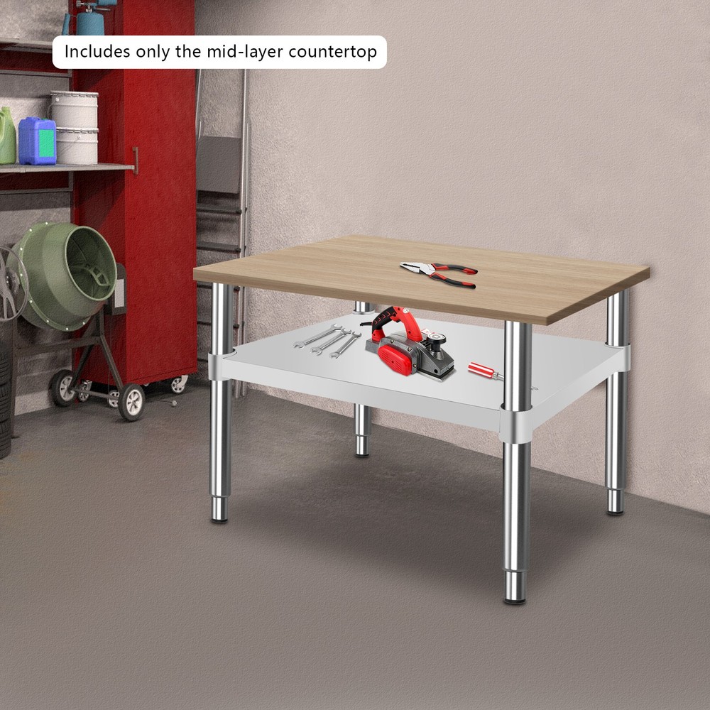 Adjustable workbench tabletop 21.65x15.75in stainless steel mid-lower tier silve