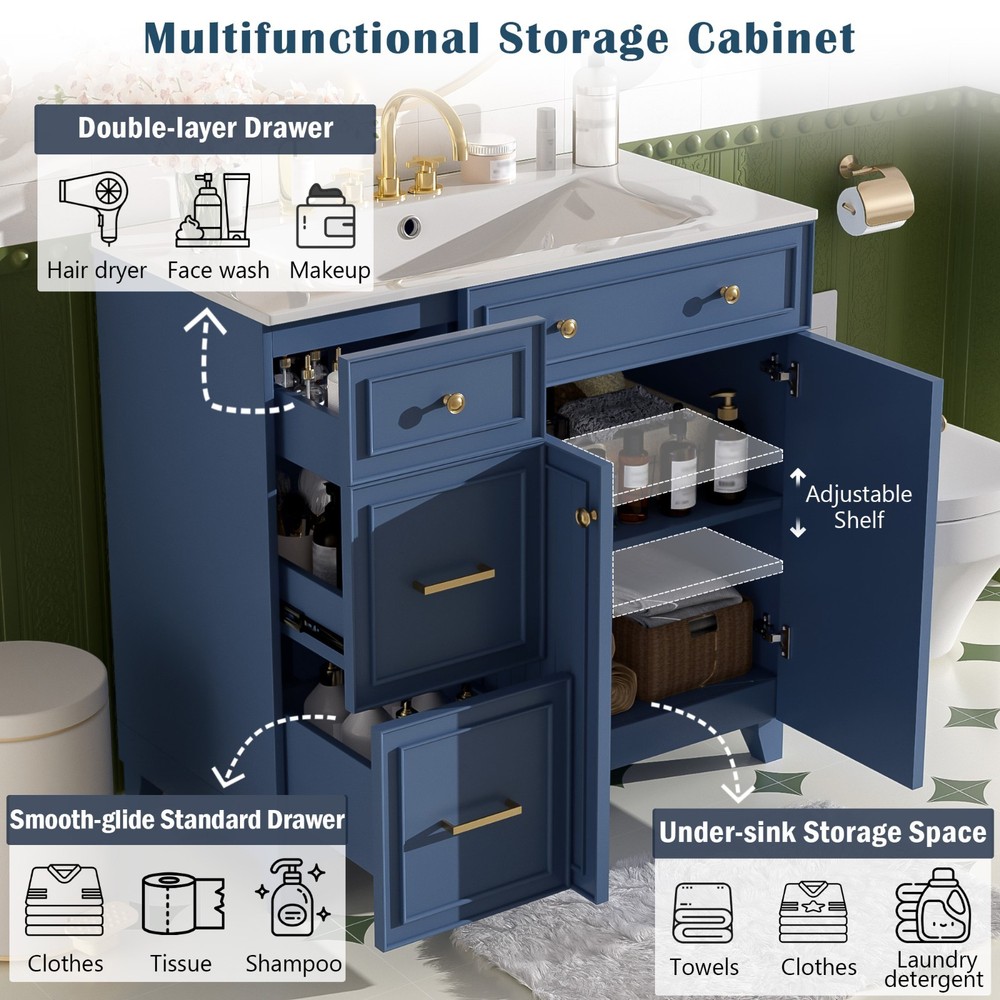 36" Vanity: Ceramic Sink, Drawers, Soft-Close Doors, Adjustable Shelves