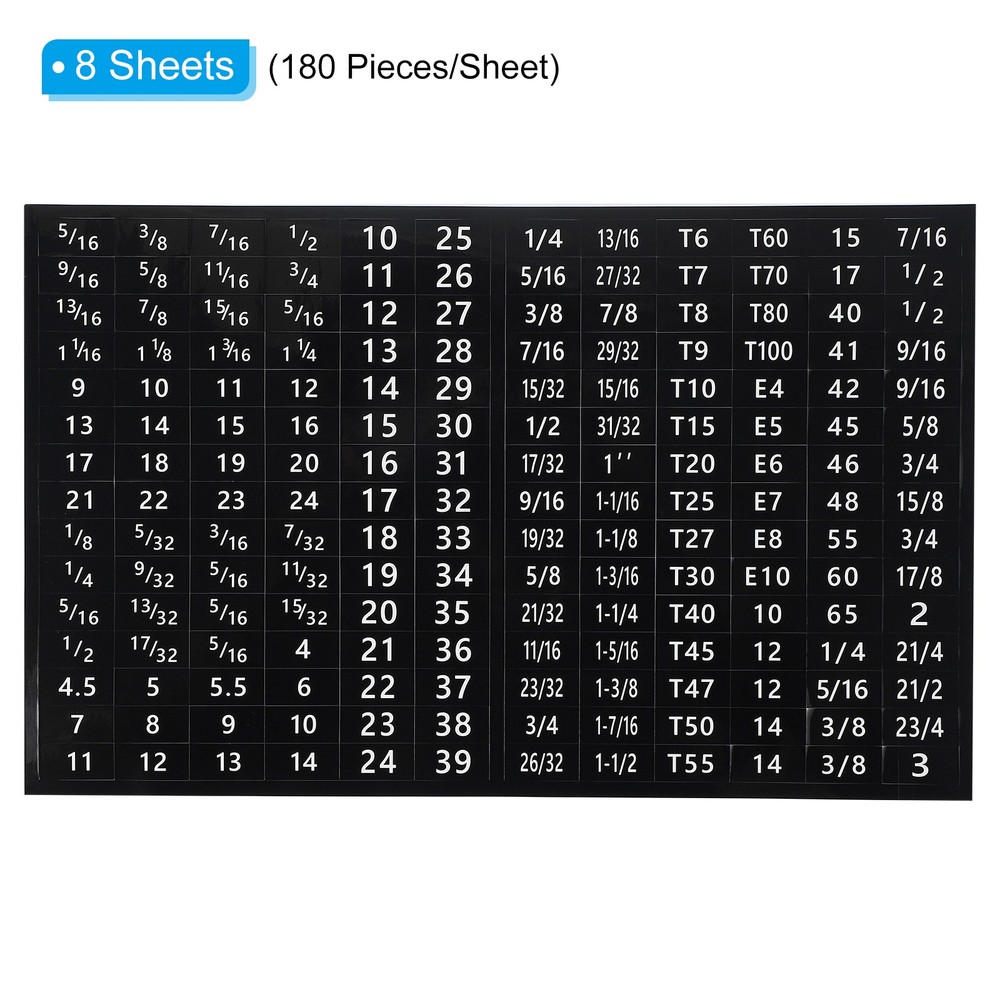 8 Sheets Tool Box Labels Wrench Size Sticker for Tool Organization, Black