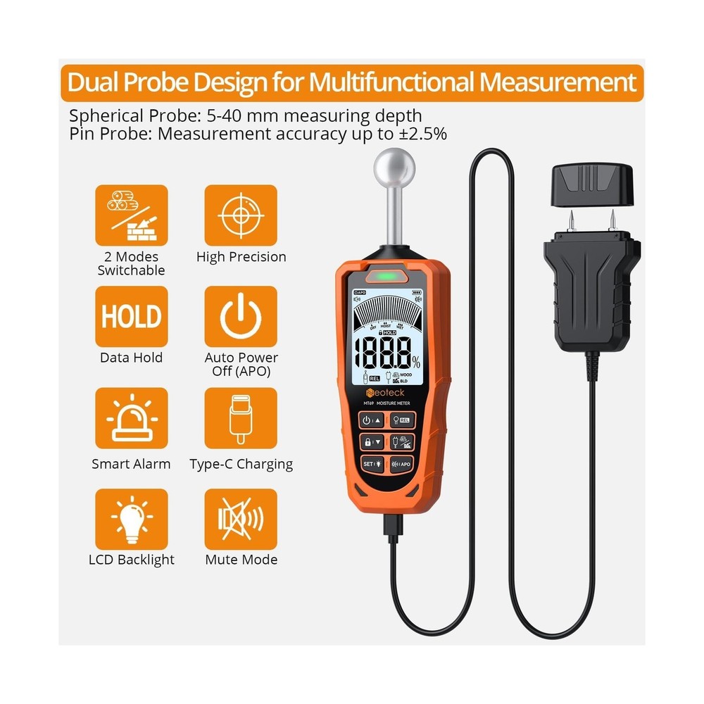 Neoteck 2-in-1 Dual Probe Moisture Meter 40mm Spherical Moisture Reader & ±