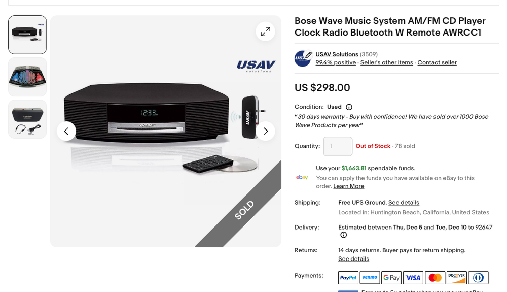 Bose Wave Music System AM/FM CD Player Clock Radio Bluetooth Remote AWRCC1
