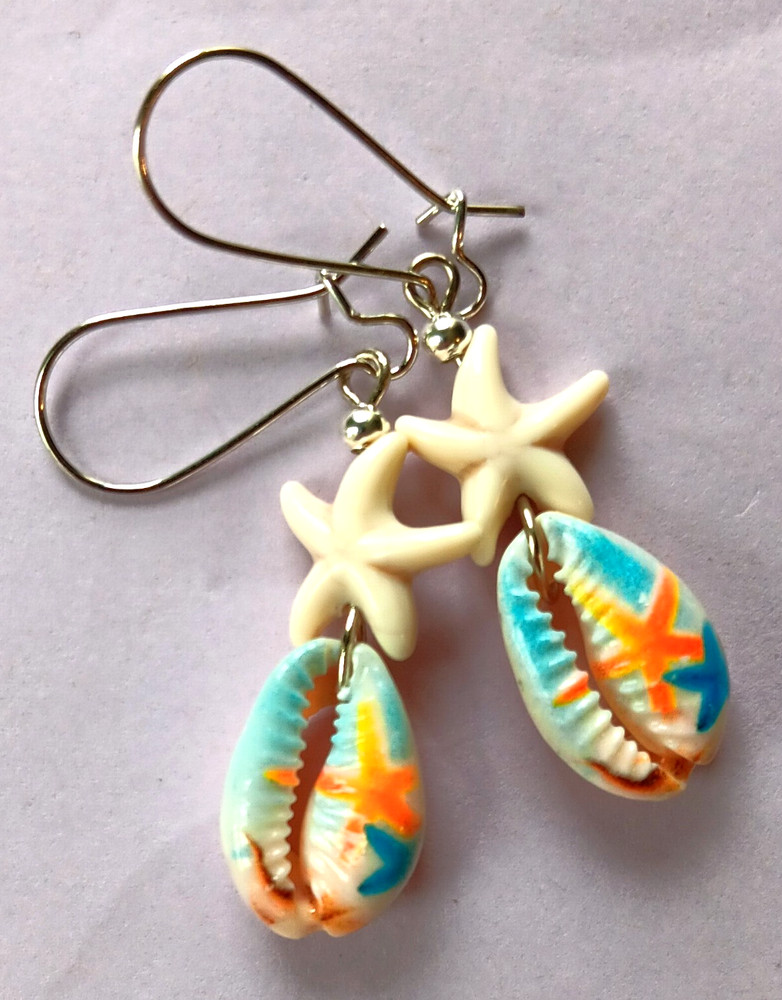STARFISH Painted COWRIE SHELL dangle earring kidney wire handcrafted #ACTA