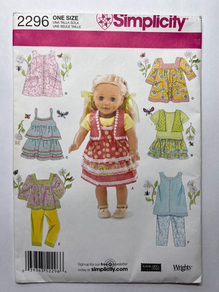 Simplicity Sewing Pattern 2296 18" Doll Clothes Partly Cut Complete