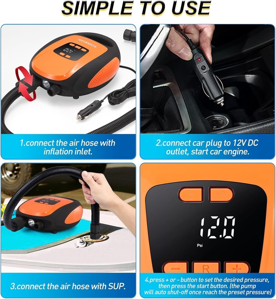 Compact Electric SUP Pump - Automatic Shutoff & Emergency Flashlight Included