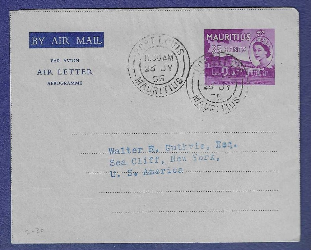1955 Mauritius used 35c Aerogramme H&G #2
