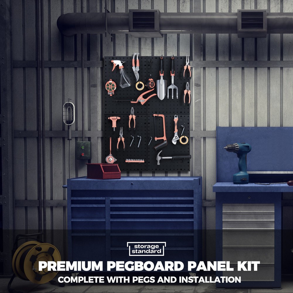 Heavy Duty 4-Panel Pegboard Wall Organizer With 32 Peg Hooks - Black