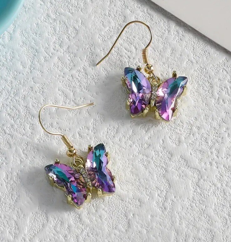 Rainbow Glass Butterfly Dangle Earrings
