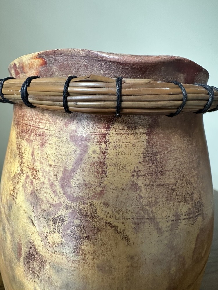 Pottery Vase Threaded Bamboo Rim, Primitive Pottery, Signed, Unique